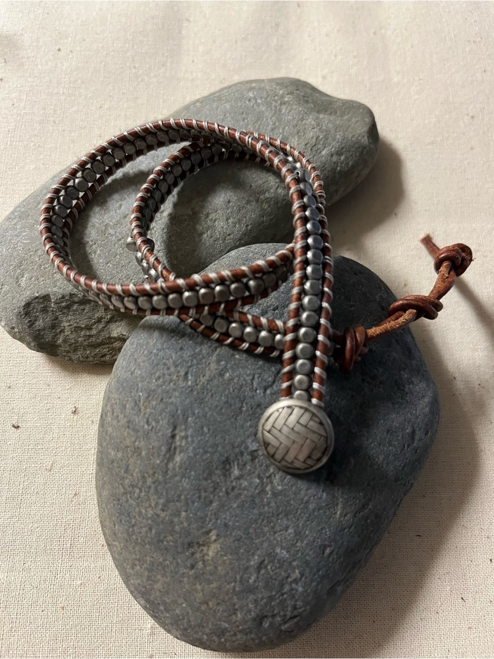 Brown Leather and Silver Bead Wrap Bracelet. Button closure, w/2size options